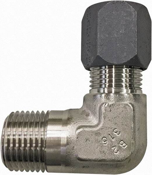 Made in USA - 1/2" OD, Grade 316Stainless Steel Male Elbow - 3/4" Hex, Comp x MPT Ends - Benchmark Tooling