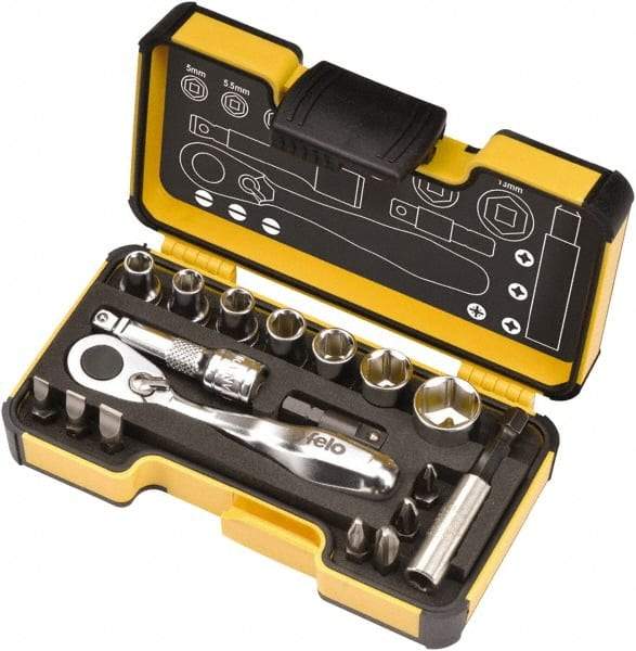 Felo - 18 Piece, 1/4" Drive Screwdriver Mini-Ratchet Bit Kit - #1 to #3 Phillips, 3/16, 1/4 & 9/32" Slotted - Benchmark Tooling