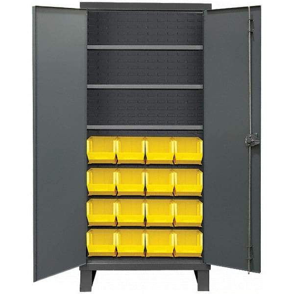 Durham - 3 Shelf 16 Bin Storage Cabinet - Steel, 36" Wide x 24" Deep x 78" High, Gray - Benchmark Tooling