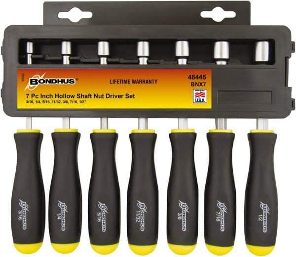 Bondhus - 7 Piece 3/16 to 1/2" Nutdriver Set - Hollow Shaft, Ergonomic Handle - Benchmark Tooling