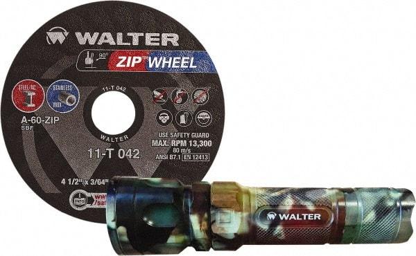 WALTER Surface Technologies - 4-1/2" 60 Grit Aluminum Oxide Cutoff Wheel - 3/64" Thick, 7/8" Arbor, 13,300 Max RPM, Use with Angle Grinders - Benchmark Tooling