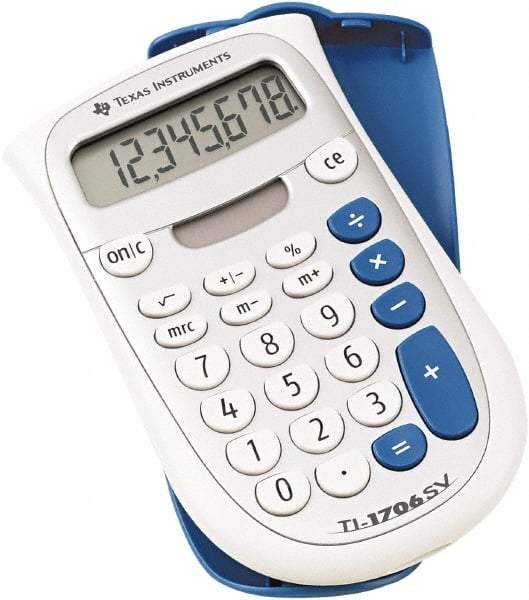 Texas Instruments - LCD Handheld Calculator - 3 x 5 Display Size, White & Blue, Battery & Solar Powered, 1" Long x 4.6" Wide - Benchmark Tooling