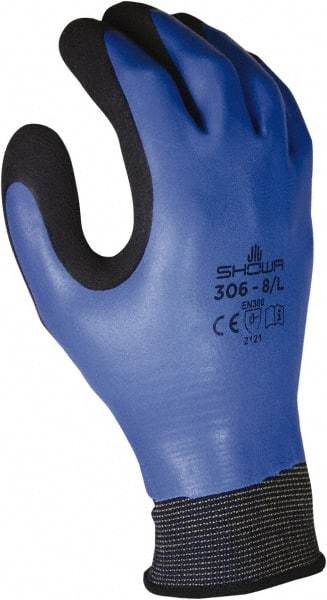 SHOWA - Size L (8-9) Latex Coated Nylon Blend Work Gloves - For General Purpose, Palm & Back Coated, Knit Wrist Cuff, Full Fingered, Black/Blue, Paired - Benchmark Tooling