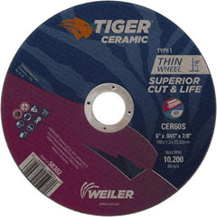 Weiler - 6" 60 Grit Ceramic Cutoff Wheel - 0.045" Thick, 7/8" Arbor, 10,200 Max RPM, Use with Angle Grinders - Benchmark Tooling