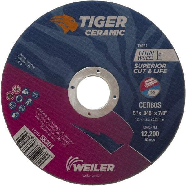 Weiler - 5" 60 Grit Ceramic Cutoff Wheel - 0.045" Thick, 7/8" Arbor, 12,200 Max RPM, Use with Angle Grinders - Benchmark Tooling