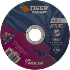 Weiler - 5" 60 Grit Ceramic Cutoff Wheel - 0.045" Thick, 7/8" Arbor, 12,200 Max RPM, Use with Angle Grinders - Benchmark Tooling