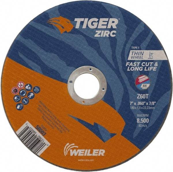 Weiler - 7" 60 Grit Zirconia Alumina Cutoff Wheel - 0.06" Thick, 7/8" Arbor, 8,500 Max RPM, Use with Angle Grinders - Benchmark Tooling