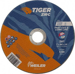 Weiler - 7" 60 Grit Zirconia Alumina Cutoff Wheel - 0.06" Thick, 7/8" Arbor, 8,500 Max RPM, Use with Angle Grinders - Benchmark Tooling