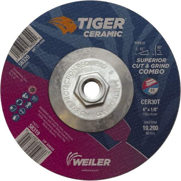 Weiler - 30 Grit, 6" Wheel Diam, Type 27 Depressed Center Wheel - Hard Grade, Ceramic, T Hardness, 10,200 Max RPM - Benchmark Tooling