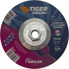 Weiler - 30 Grit, 6" Wheel Diam, Type 27 Depressed Center Wheel - Hard Grade, Ceramic, T Hardness, 10,200 Max RPM - Benchmark Tooling