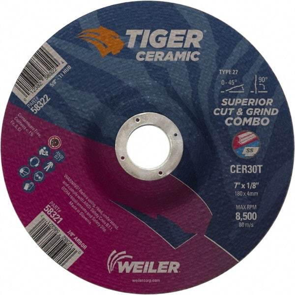 Weiler - 30 Grit, 7" Wheel Diam, 7/8" Arbor Hole, Type 27 Depressed Center Wheel - Hard Grade, Ceramic, T Hardness, 8,500 Max RPM - Benchmark Tooling