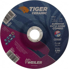 Weiler - 30 Grit, 7" Wheel Diam, 7/8" Arbor Hole, Type 27 Depressed Center Wheel - Hard Grade, Ceramic, T Hardness, 8,500 Max RPM - Benchmark Tooling
