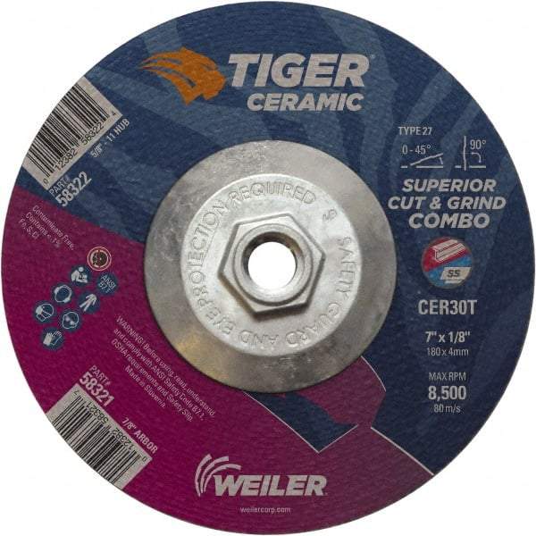 Weiler - 30 Grit, 7" Wheel Diam, Type 27 Depressed Center Wheel - Hard Grade, Ceramic, T Hardness, 8,500 Max RPM - Benchmark Tooling
