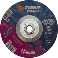 Weiler - 30 Grit, 7" Wheel Diam, Type 27 Depressed Center Wheel - Hard Grade, Ceramic, T Hardness, 8,500 Max RPM - Benchmark Tooling