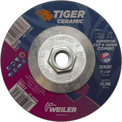 Weiler - 30 Grit, 5" Wheel Diam, Type 27 Depressed Center Wheel - Hard Grade, Ceramic, T Hardness, 12,200 Max RPM - Benchmark Tooling