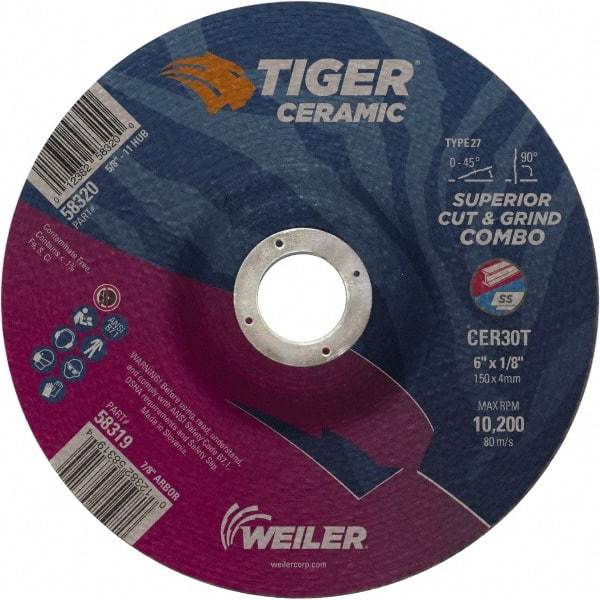 Weiler - 30 Grit, 6" Wheel Diam, 7/8" Arbor Hole, Type 27 Depressed Center Wheel - Hard Grade, Ceramic, T Hardness, 10,200 Max RPM - Benchmark Tooling