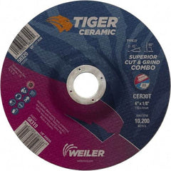 Weiler - 30 Grit, 6" Wheel Diam, 7/8" Arbor Hole, Type 27 Depressed Center Wheel - Hard Grade, Ceramic, T Hardness, 10,200 Max RPM - Benchmark Tooling