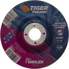 Weiler - 30 Grit, 5" Wheel Diam, 7/8" Arbor Hole, Type 27 Depressed Center Wheel - Hard Grade, Ceramic, T Hardness, 12,200 Max RPM - Benchmark Tooling