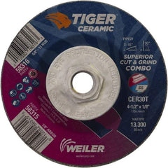 Weiler - 30 Grit, 4-1/2" Wheel Diam, Type 27 Depressed Center Wheel - Hard Grade, Ceramic, T Hardness, 13,300 Max RPM - Benchmark Tooling