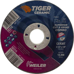 Weiler - 30 Grit, 4-1/2" Wheel Diam, 7/8" Arbor Hole, Type 27 Depressed Center Wheel - Hard Grade, Ceramic, T Hardness, 13,300 Max RPM - Benchmark Tooling