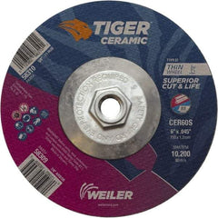 Weiler - 60 Grit, 6" Wheel Diam, Type 27 Depressed Center Wheel - Medium Grade, Ceramic, S Hardness, 10,200 Max RPM - Benchmark Tooling