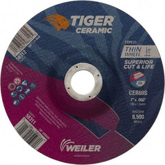 Weiler - 60 Grit, 7" Wheel Diam, 7/8" Arbor Hole, Type 27 Depressed Center Wheel - Medium Grade, Ceramic, S Hardness, 8,500 Max RPM - Benchmark Tooling
