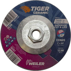 Weiler - 60 Grit, 5" Wheel Diam, Type 27 Depressed Center Wheel - Medium Grade, Ceramic, S Hardness, 12,200 Max RPM - Benchmark Tooling