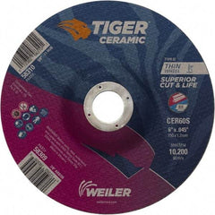 Weiler - 60 Grit, 6" Wheel Diam, 7/8" Arbor Hole, Type 27 Depressed Center Wheel - Medium Grade, Ceramic, S Hardness, 10,200 Max RPM - Benchmark Tooling