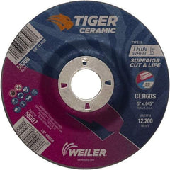 Weiler - 60 Grit, 5" Wheel Diam, 7/8" Arbor Hole, Type 27 Depressed Center Wheel - Medium Grade, Ceramic, S Hardness, 12,200 Max RPM - Benchmark Tooling