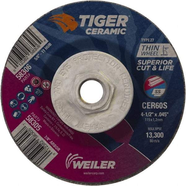 Weiler - 60 Grit, 4-1/2" Wheel Diam, Type 27 Depressed Center Wheel - Medium Grade, Ceramic, S Hardness, 13,300 Max RPM - Benchmark Tooling