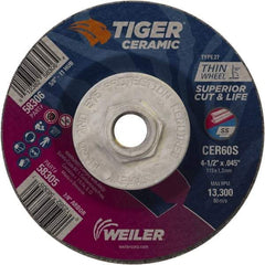 Weiler - 60 Grit, 4-1/2" Wheel Diam, Type 27 Depressed Center Wheel - Medium Grade, Ceramic, S Hardness, 13,300 Max RPM - Benchmark Tooling