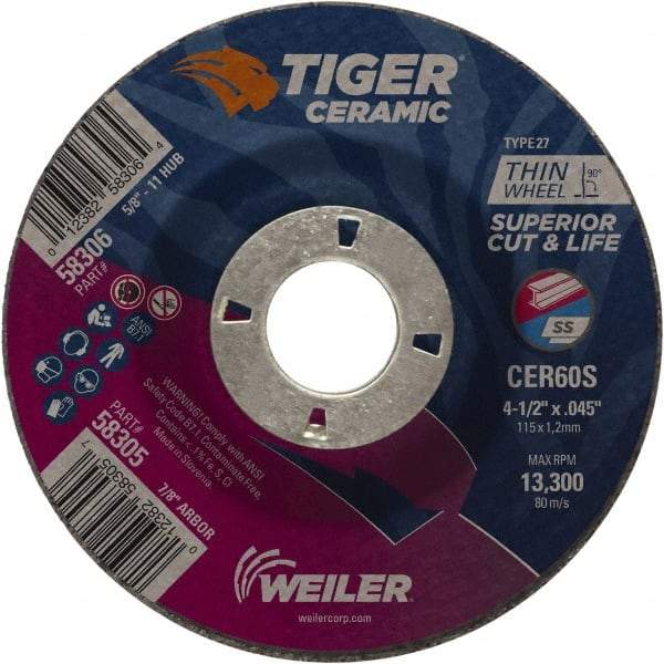 Weiler - 60 Grit, 4-1/2" Wheel Diam, 7/8" Arbor Hole, Type 27 Depressed Center Wheel - Medium Grade, Ceramic, S Hardness, 13,300 Max RPM - Benchmark Tooling