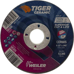 Weiler - 60 Grit, 4-1/2" Wheel Diam, 7/8" Arbor Hole, Type 27 Depressed Center Wheel - Medium Grade, Ceramic, S Hardness, 13,300 Max RPM - Benchmark Tooling