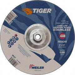 Weiler - 24 Grit, 9" Wheel Diam, Type 27 Depressed Center Wheel - Medium Grade, Aluminum Oxide, R Hardness, 6,600 Max RPM - Benchmark Tooling