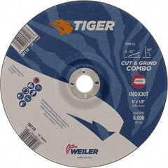 Weiler - 30 Grit, 9" Wheel Diam, 7/8" Arbor Hole, Type 27 Depressed Center Wheel - Hard Grade, Aluminum Oxide, T Hardness, 6,600 Max RPM - Benchmark Tooling