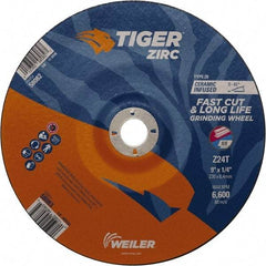 Weiler - 24 Grit, 9" Wheel Diam, 7/8" Arbor Hole, Type 28 Depressed Center Wheel - Hard Grade, Zirconia Alumina, T Hardness, 6,600 Max RPM - Benchmark Tooling