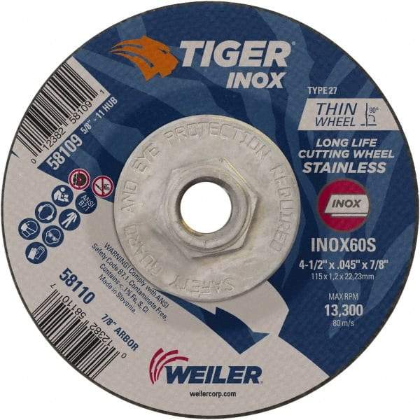 Weiler - 60 Grit, 4-1/2" Wheel Diam, Type 27 Depressed Center Wheel - Medium Grade, Aluminum Oxide, S Hardness, 13,300 Max RPM - Benchmark Tooling