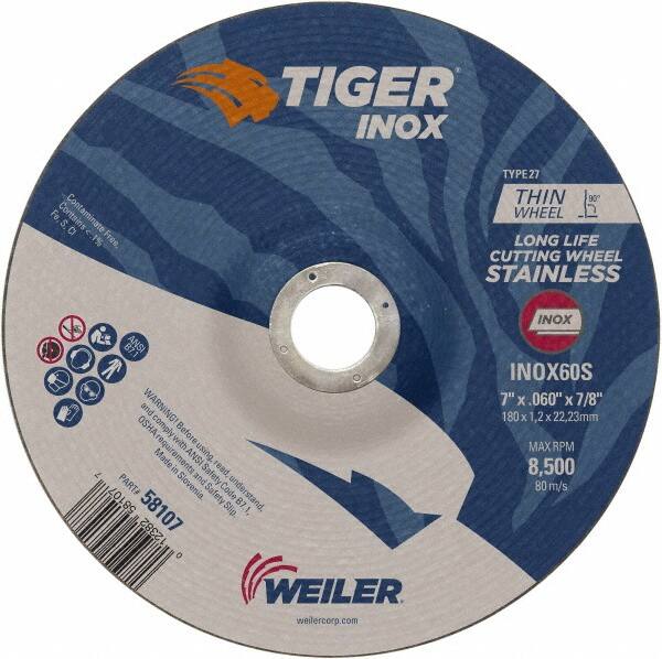 Weiler - 60 Grit, 7" Wheel Diam, 7/8" Arbor Hole, Type 27 Depressed Center Wheel - Medium Grade, Aluminum Oxide, S Hardness, 8,500 Max RPM - Benchmark Tooling