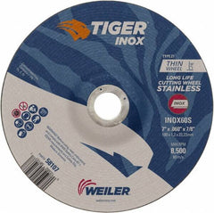Weiler - 60 Grit, 7" Wheel Diam, 7/8" Arbor Hole, Type 27 Depressed Center Wheel - Medium Grade, Aluminum Oxide, S Hardness, 8,500 Max RPM - Benchmark Tooling