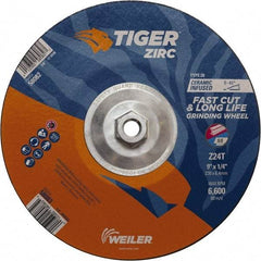 Weiler - 24 Grit, 9" Wheel Diam, Type 28 Depressed Center Wheel - Hard Grade, Zirconia Alumina, T Hardness, 6,600 Max RPM - Benchmark Tooling