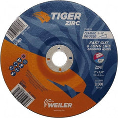 Weiler - 24 Grit, 7" Wheel Diam, 7/8" Arbor Hole, Type 28 Depressed Center Wheel - Hard Grade, Zirconia Alumina, T Hardness, 8,500 Max RPM - Benchmark Tooling