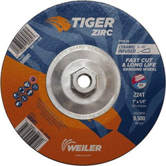 Weiler - 24 Grit, 7" Wheel Diam, Type 28 Depressed Center Wheel - Hard Grade, Zirconia Alumina, T Hardness, 8,500 Max RPM - Benchmark Tooling