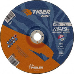 Weiler - 24 Grit, 9" Wheel Diam, 7/8" Arbor Hole, Type 27 Depressed Center Wheel - Hard Grade, Zirconia Alumina, T Hardness, 6,600 Max RPM - Benchmark Tooling