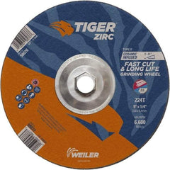 Weiler - 24 Grit, 9" Wheel Diam, Type 27 Depressed Center Wheel - Hard Grade, Zirconia Alumina, T Hardness, 6,600 Max RPM - Benchmark Tooling