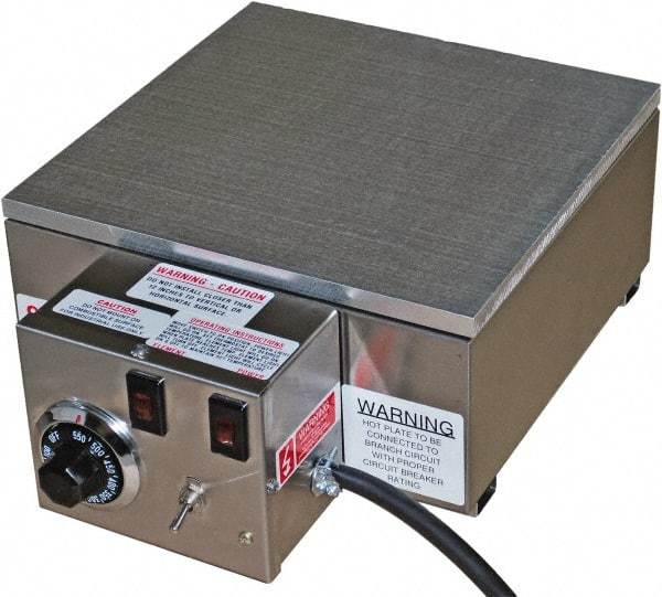 Valad Electric Heating - 12" Long x 12 Wide x 6" High, 110/120 Volt Hot Plate - 100 to 550°F, 1 Burner, Aluminum Plate, 1500 Watt, 13.6 Amps, 304 Stainless Steel Base - Benchmark Tooling