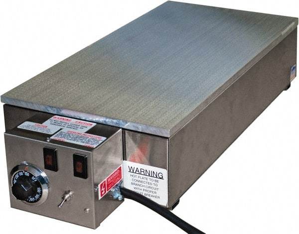 Valad Electric Heating - 28" Long x 14 Wide x 6" High, 110/120 Volt Hot Plate - 100 to 550°F, 1 Burner, Aluminum Plate, 1500 Watt, 13.6 Amps, 304 Stainless Steel Base - Benchmark Tooling