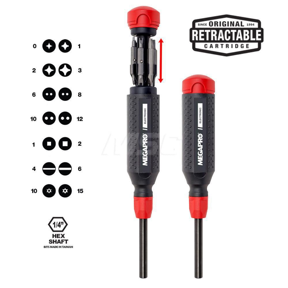 Bit Screwdrivers; Tip Type: Flat; Phillips; Square; Torx Pin; Spanner; Screwdriver Size Range: Spanners: #6, #8, #10, #12; Slotted 4, 6; T10; Phillips #1-#3; Square #1; T15; Square #2; Phillips Point Size: #0; #1; #2; #3