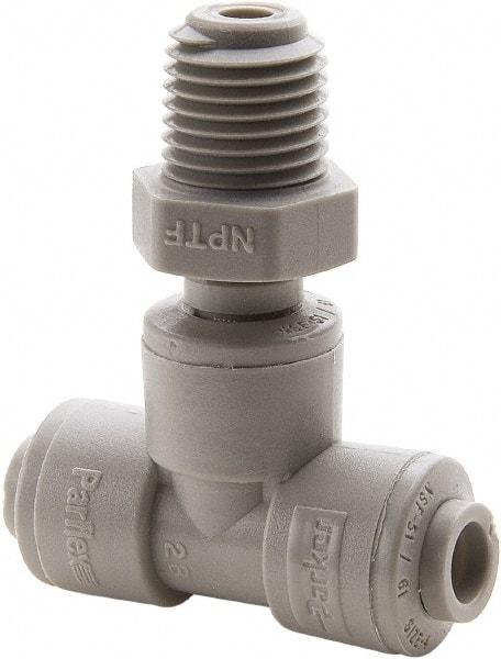 Parker - 5/16" Outside Diam, 1/8 NPTF, Acetal Push-to-Connect Tube Male Swivel Branch Tee - 300 Max psi, Gray - Benchmark Tooling