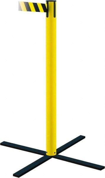 Tensator - 36" High, 5" Pole Diam, Stowaway Post - 22-3/4" Base Diam, Flat Metal Base, Yellow Plastic Post, 13' x 2" Tape, Single Line Tape, For Outdoor Use - Benchmark Tooling