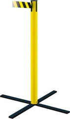 Tensator - 36" High, 5" Pole Diam, Stowaway Post - 22-3/4" Base Diam, Flat Metal Base, Yellow Plastic Post, 7-1/2' x 2" Tape, Single Line Tape, For Outdoor Use - Benchmark Tooling